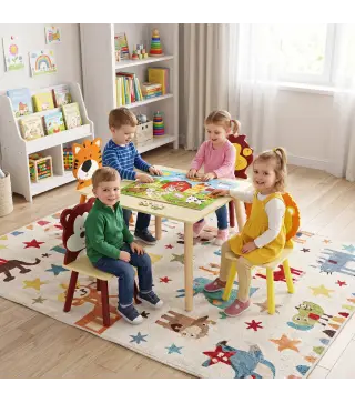 Mesa Infantil con 4 Sillas con Diseños de Animales Juego de Madera 5 Piezas para Niños y Niñas 3-8 Años Amarillo