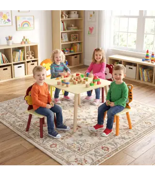 Mesa Infantil con 4 Sillas con Diseños de Animales Juego de Madera 5 Piezas para Niños y Niñas 3-8 Años Amarillo