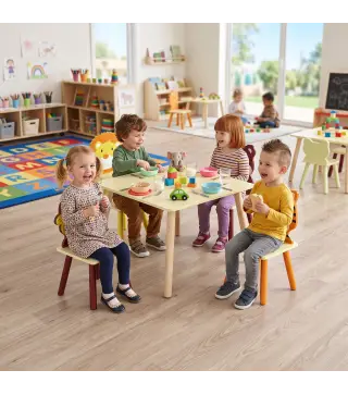 Mesa Infantil con 4 Sillas con Diseños de Animales Juego de Madera 5 Piezas para Niños y Niñas 3-8 Años Amarillo
