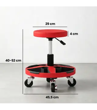 Taburete de Taller Móvil con Bandeja Altura Ajustable de 40-52 cm Carga 135 kg con Ruedas para Garaje Rojo