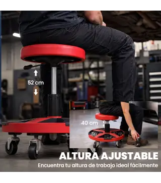 Taburete de Taller Móvil con Bandeja Altura Ajustable de 40-52 cm Carga 135 kg con Ruedas para Garaje Rojo