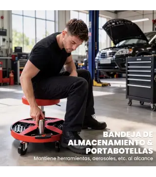 Taburete de Taller Móvil con Bandeja Altura Ajustable de 40-52 cm Carga 135 kg con Ruedas para Garaje Rojo