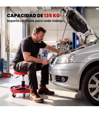 Taburete de Taller Móvil con Bandeja Altura Ajustable de 40-52 cm Carga 135 kg con Ruedas para Garaje Rojo