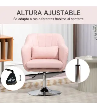 Sillón para Salón Giratorio 360° con Altura Ajustable Respaldo Envolvente Reposabrazos y Cojín 60x60x79-91 cm Rosa