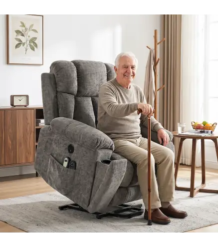 Sillón Relax Reclinable Eléctrico Levanta Personas Mayores 8 Puntos Masaje y Calor Reposapiés Portavasos Gris Oscuro
