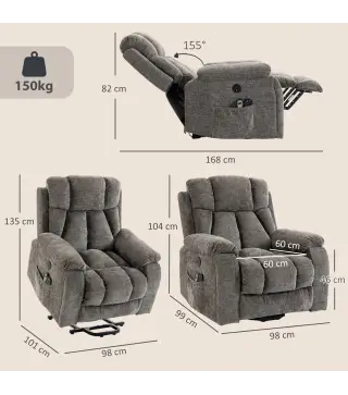 Sillón Relax Reclinable Eléctrico Levanta Personas Mayores 8 Puntos Masaje y Calor Reposapiés Portavasos Gris Oscuro