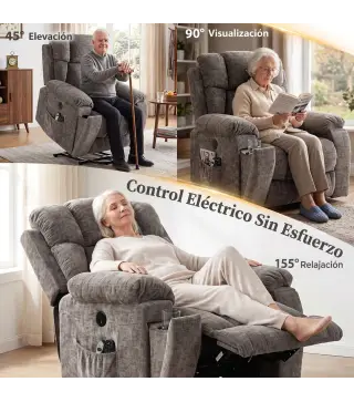 Sillón Relax Reclinable Eléctrico Levanta Personas Mayores 8 Puntos Masaje y Calor Reposapiés Portavasos Gris Oscuro
