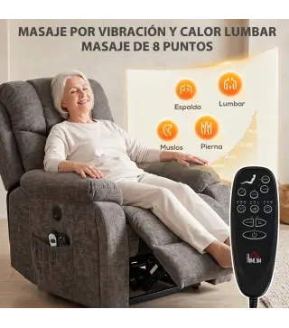 Sillón Relax Reclinable Eléctrico Levanta Personas Mayores 8 Puntos Masaje y Calor Reposapiés Portavasos Gris Oscuro
