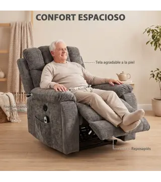 Sillón Relax Reclinable Eléctrico Levanta Personas Mayores 8 Puntos Masaje y Calor Reposapiés Portavasos Gris Oscuro