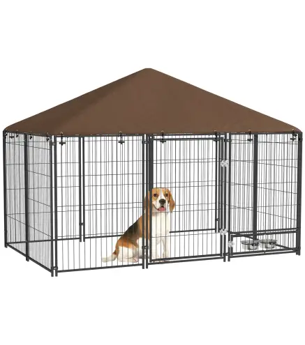 Perrera con Toldo y Soporte Giratorio para Comida 2 Cuencos Incluidos 211x141x151 cm Negro