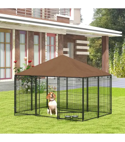Perrera con Toldo y Soporte Giratorio para Comida 2 Cuencos Incluidos 211x141x151 cm Negro