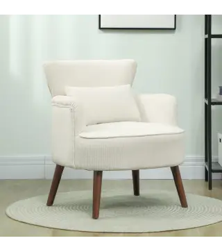 Sillón Relax Sofá Individual de Pana con Cojín Reposabrazos Patas de Madera para Dormitorio Oficina Crema