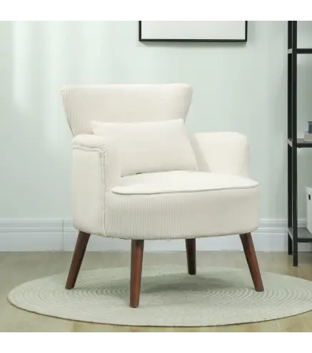 Sillón Relax Sofá Individual de Pana con Cojín Reposabrazos Patas de Madera para Dormitorio Oficina Crema