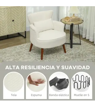 Sillón Relax Sofá Individual de Pana con Cojín Reposabrazos Patas de Madera para Dormitorio Oficina Crema