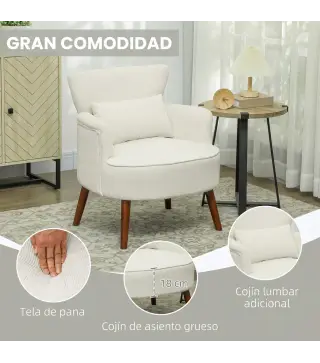 Sillón Relax Sofá Individual de Pana con Cojín Reposabrazos Patas de Madera para Dormitorio Oficina Crema