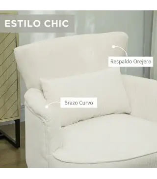 Sillón Relax Sofá Individual de Pana con Cojín Reposabrazos Patas de Madera para Dormitorio Oficina Crema