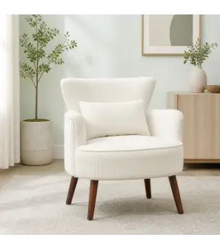 Sillón Relax Sofá Individual de Pana con Cojín Reposabrazos Patas de Madera para Dormitorio Oficina Crema
