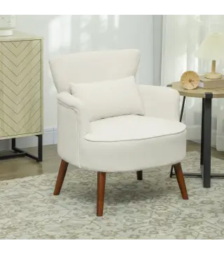 Sillón Relax Sofá Individual de Pana con Cojín Reposabrazos Patas de Madera para Dormitorio Oficina Crema