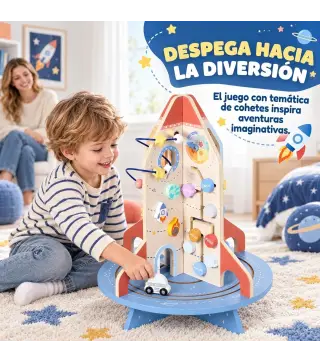 Cubo de Actividades de Madera Tema Cohete Juguete Montessori con Engranajes Laberinto de Cuentas Reloj Giratorio