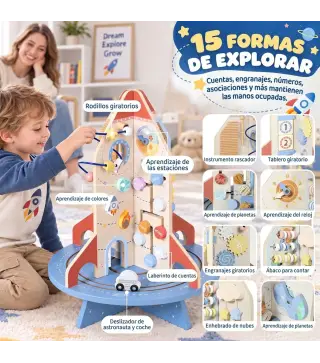 Cubo de Actividades de Madera Tema Cohete Juguete Montessori con Engranajes Laberinto de Cuentas Reloj Giratorio