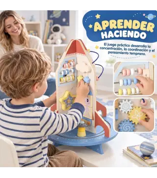 Cubo de Actividades de Madera Tema Cohete Juguete Montessori con Engranajes Laberinto de Cuentas Reloj Giratorio