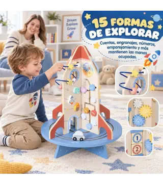 Cubo de Actividades de Madera Tema Cohete Juguete Montessori con Engranajes Laberinto de Cuentas Reloj Giratorio