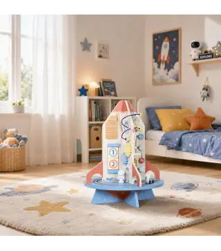 Cubo de Actividades de Madera Tema Cohete Juguete Montessori con Engranajes Laberinto de Cuentas Reloj Giratorio