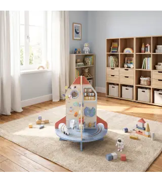 Cubo de Actividades de Madera Tema Cohete Juguete Montessori con Engranajes Laberinto de Cuentas Reloj Giratorio