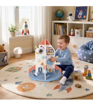 Cubo de Actividades de Madera Tema Cohete Juguete Montessori con Engranajes Laberinto de Cuentas Reloj Giratorio