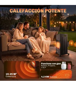Calefactor de Gas Plegable con 3 Niveles de Calor Sensor ODS Ruedas Encendido Piezoeléctrico 46x42x75 cm Negro