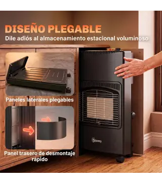 Calefactor de Gas Plegable con 3 Niveles de Calor Sensor ODS Ruedas Encendido Piezoeléctrico 46x42x75 cm Negro