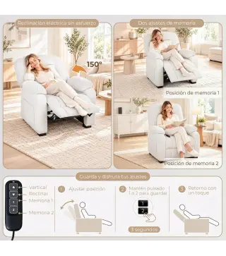Sillón Relax Reclinable Eléctrico Silencioso con Función Memoria Reposapiés Mando a Distancia Bolsillos Laterales Crema