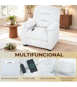 Sillón Relax Reclinable Eléctrico Silencioso con Función Memoria Reposapiés Mando a Distancia Bolsillos Laterales Crema