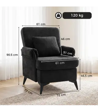 Sillón Relax Sofá Individual en Chenilla Butaca de Salón Moderna Asiento Ancho y Cojín Grueso Cojín Lumbar Negro