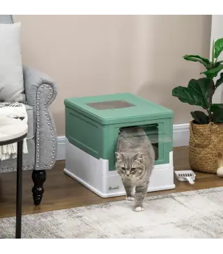 Arenero Cubierto para Gatos Desmontable con Entrada Frontal y Salida Superior con Pala 47,5x35,5x36,7 cm Verde y Blanco