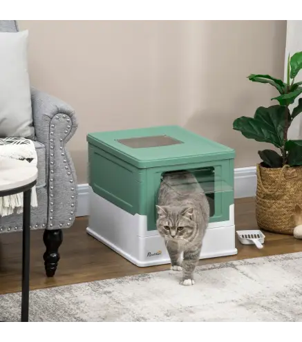 Arenero Cubierto para Gatos Desmontable con Entrada Frontal y Salida Superior con Pala 47,5x35,5x36,7 cm Verde y Blanco