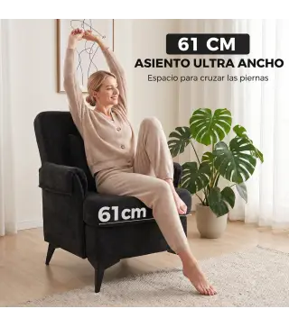 Sillón Relax Sofá Individual en Chenilla Butaca de Salón Moderna Asiento Ancho y Cojín Grueso Cojín Lumbar Negro