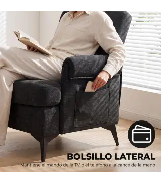 Sillón Relax Sofá Individual en Chenilla Butaca de Salón Moderna Asiento Ancho y Cojín Grueso Cojín Lumbar Negro