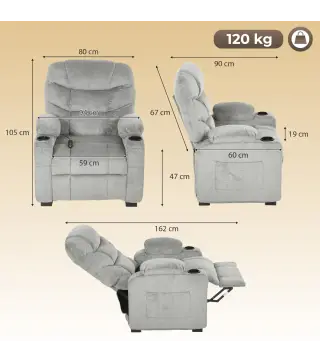 Sillón Relax Reclinable Eléctrico Silencioso con Función Memoria Reposapiés Mando a Distancia Bolsillos Laterales Gris