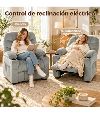 Sillón Relax Reclinable Eléctrico Silencioso con Función Memoria Reposapiés Mando a Distancia Bolsillos Laterales Gris