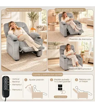 Sillón Relax Reclinable Eléctrico Silencioso con Función Memoria Reposapiés Mando a Distancia Bolsillos Laterales Gris