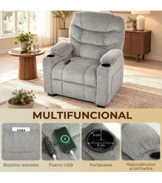 Sillón Relax Reclinable Eléctrico Silencioso con Función Memoria Reposapiés Mando a Distancia Bolsillos Laterales Gris