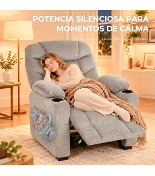 Sillón Relax Reclinable Eléctrico Silencioso con Función Memoria Reposapiés Mando a Distancia Bolsillos Laterales Gris