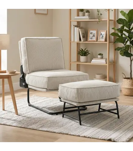 Sillón con Reposapiés Respaldo Ajustable Sillón de Lectura de Pana con Asiento Ancho Acolchado Grueso Crema