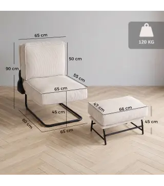 Sillón con Reposapiés Respaldo Ajustable Sillón de Lectura de Pana con Asiento Ancho Acolchado Grueso Crema