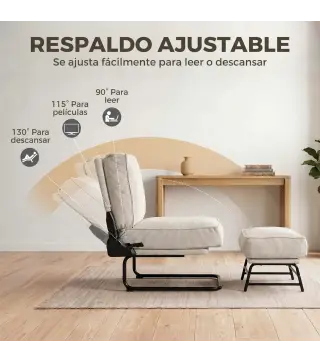Sillón con Reposapiés Respaldo Ajustable Sillón de Lectura de Pana con Asiento Ancho Acolchado Grueso Crema