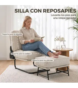 Sillón con Reposapiés Respaldo Ajustable Sillón de Lectura de Pana con Asiento Ancho Acolchado Grueso Crema