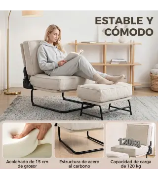 Sillón con Reposapiés Respaldo Ajustable Sillón de Lectura de Pana con Asiento Ancho Acolchado Grueso Crema