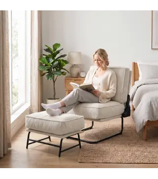 Sillón con Reposapiés Respaldo Ajustable Sillón de Lectura de Pana con Asiento Ancho Acolchado Grueso Crema