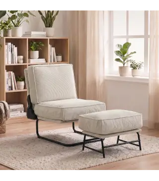 Sillón con Reposapiés Respaldo Ajustable Sillón de Lectura de Pana con Asiento Ancho Acolchado Grueso Crema